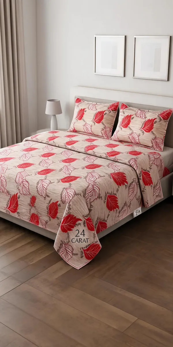 Beige_&_Red_Cotton_Leaf_Print_Double_Size_Bedsheet_With_Pillow_Covers