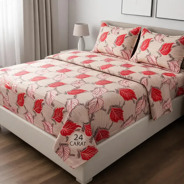 Beige_&_Red_Cotton_Leaf_Print_Double_Size_Bedsheet_With_Pillow_Covers