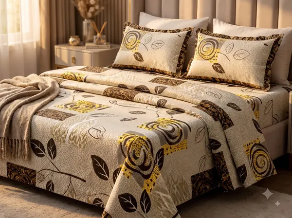 Multicolour_Cotton_Leaf__Floral_And_Geometric_Print_Double_Size_Bedsheet_With_Pillow_Covers