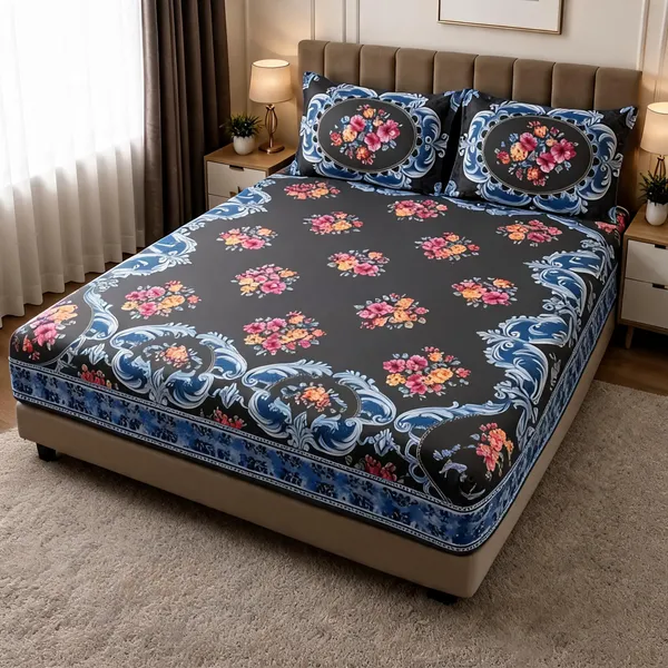 Blue_Cotton_Floral_Double_Size_Bedsheet_With_Pillow_Covers