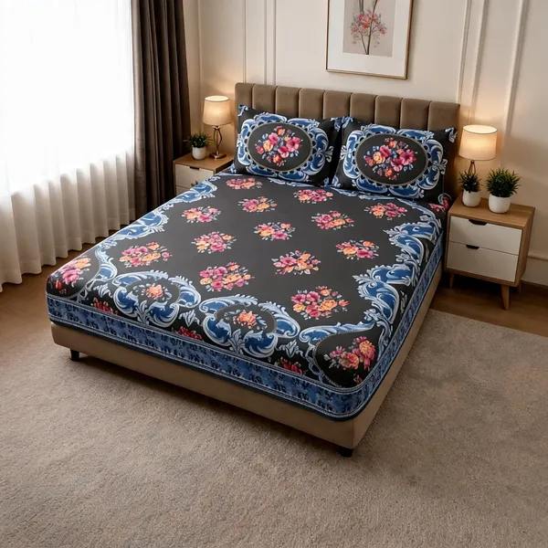 Blue_Cotton_Floral_Double_Size_Bedsheet_With_Pillow_Covers