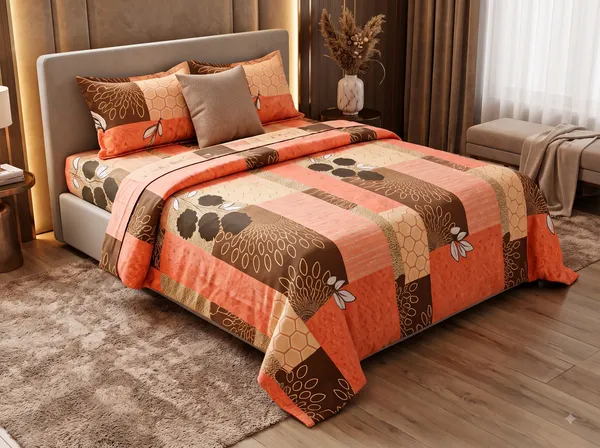 Peach_Cotton_Floral_Patchwork_Double_Size_Bedsheet_With_Pillow_Covers
