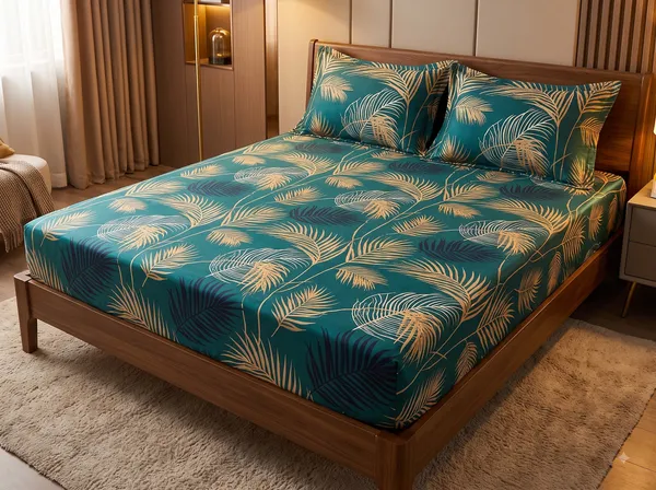 Green_Cotton_Floral_Double_Size_Fitted_Bedsheet_With_Pillow_Covers