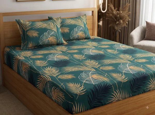 Green_Cotton_Floral_Double_Size_Fitted_Bedsheet_With_Pillow_Covers