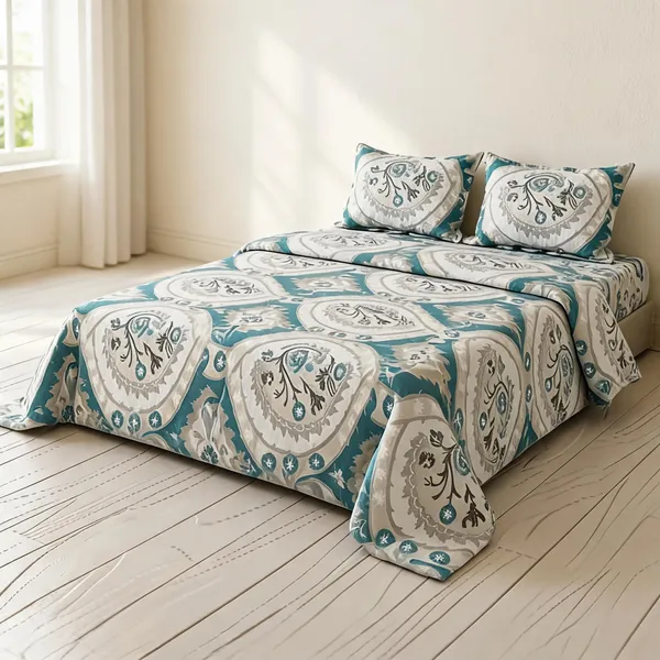 Multicolour_Cotton_Paisley_Floral_Print_Double_Size_Bedsheet_With_Pillow_Covers