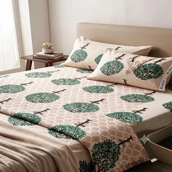 Beige_Cotton_Tree_Print_With_Geometric_Pattern_(Reversible)_Double_Size_Bedsheet_With_Pillow_Covers