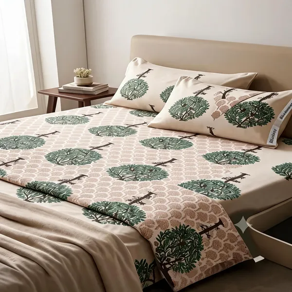 Beige_Cotton_Tree_Print_With_Geometric_Pattern_(Reversible)_Double_Size_Bedsheet_With_Pillow_Covers