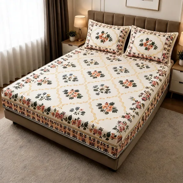 Multicolour_Cotton_Floral_Print_Double_Size_Bedsheet_With_Pillow_Covers