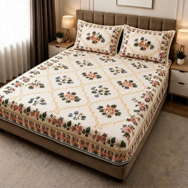 Multicolour_Cotton_Floral_Print_Double_Size_Bedsheet_With_Pillow_Covers