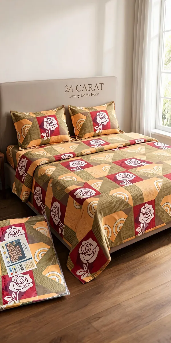 Multicolour_Cotton_Geometric_Floral_Print_Double_Size_Bedsheet_With_Pillow_Covers