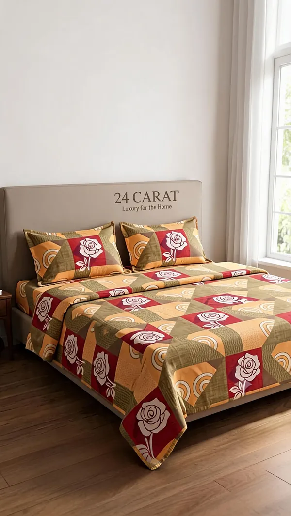 Multicolour_Cotton_Geometric_Floral_Print_Double_Size_Bedsheet_With_Pillow_Covers