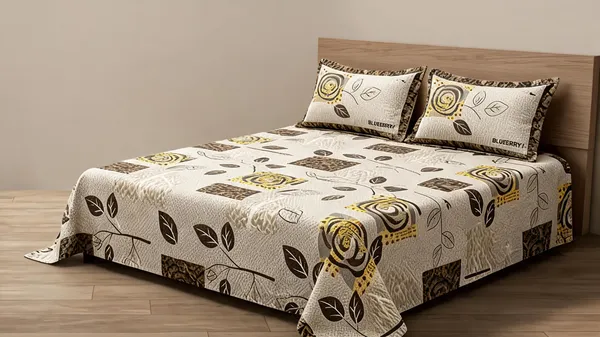 Multicolour_Cotton_Leaf__Floral_And_Geometric_Print_Double_Size_Bedsheet_With_Pillow_Covers