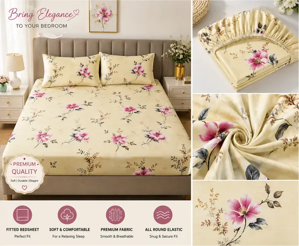 yellow_Cotton_Floral_Double_Size_Fitted_Bedsheet_With_Pillow_Covers