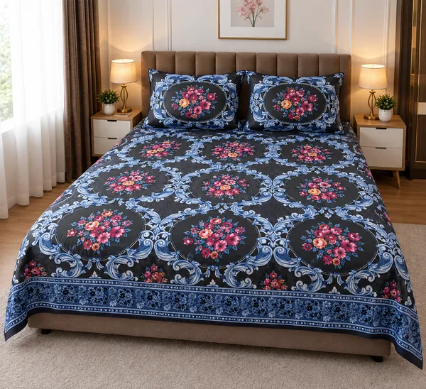 Blue_Cotton_Floral_Double_Size_Bedsheet_With_Pillow_Covers