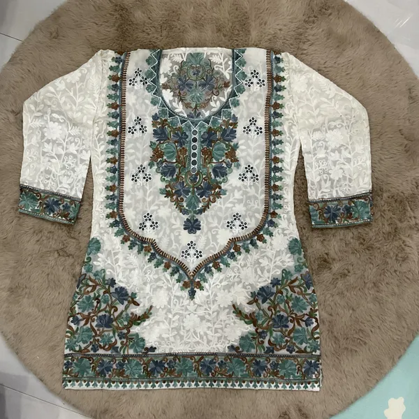 White_&_Green_Georgette_Short_Kurti_For_Women
