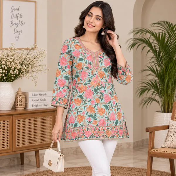 Beige_&_Green_Georgette_Short_Kurta_For_Women