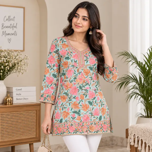 Beige_&_Green_Georgette_Short_Kurta_For_Women