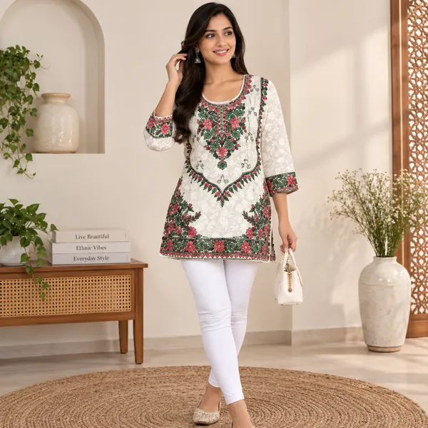 White_&_Red_Georgette_Short_Kurti_For_Women