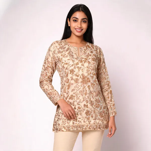 Beige_Georgette_Short_Kurta_For_Women