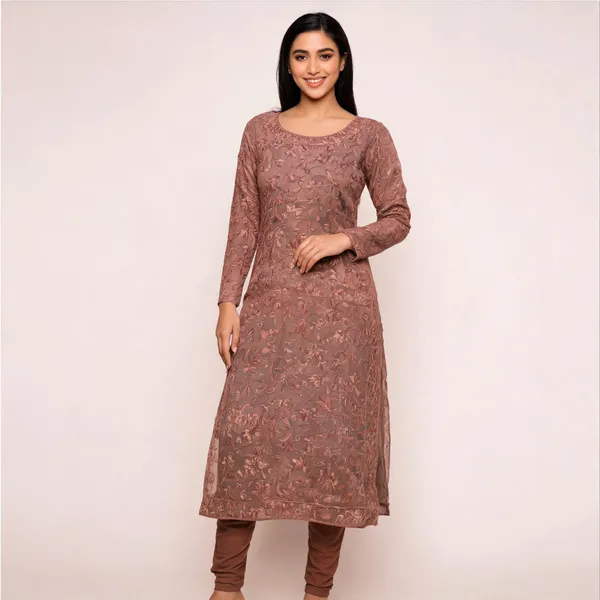 Brown_Georgette_Long_Sleeve_Kurta_For_Women