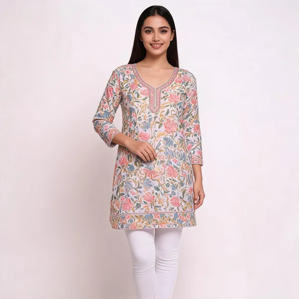 White_&_Pink_Georgette_Short_Kurti_For_Women