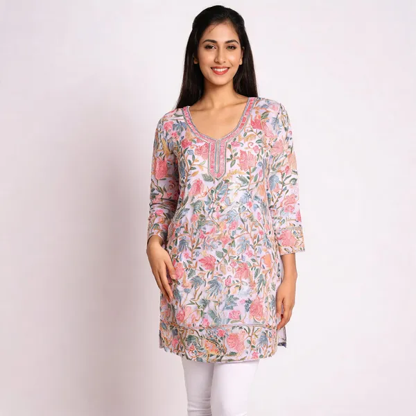 White_&_Pink_Georgette_Short_Kurti_For_Women