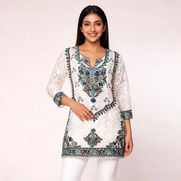 White_&_Green_Georgette_Short_Kurti_For_Women