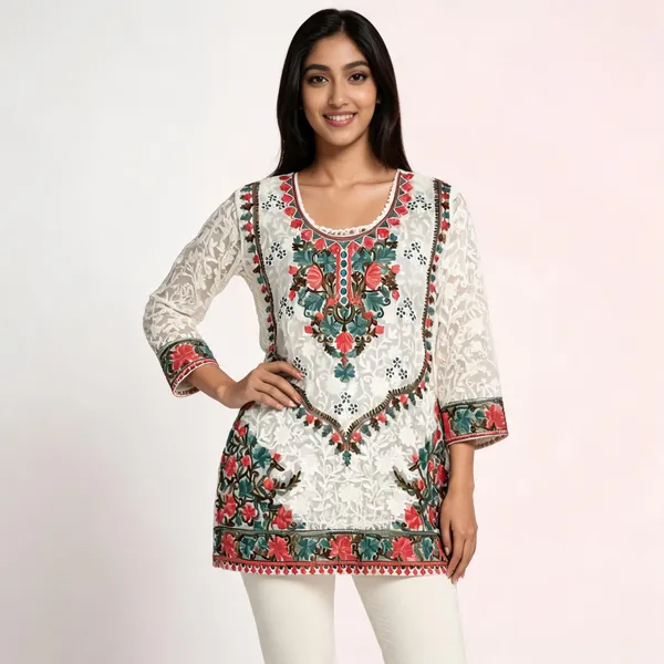 White_&_Red_Georgette_Short_Kurti_For_Women