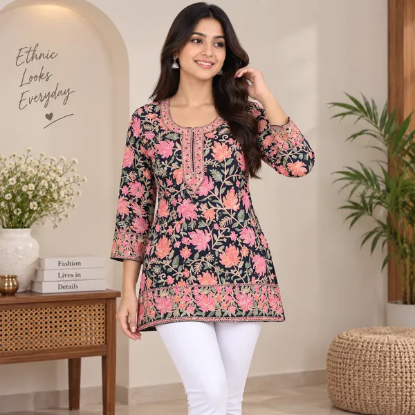 Black_&_Pink_Georgette_Short_Kurta_For_Women