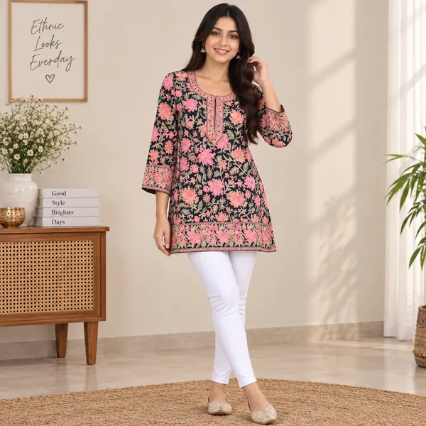 Black_&_Pink_Georgette_Short_Kurta_For_Women