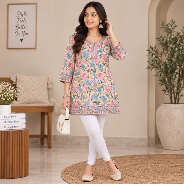 Beige_&_Pink_Georgette_Short_Kurta_For_Women