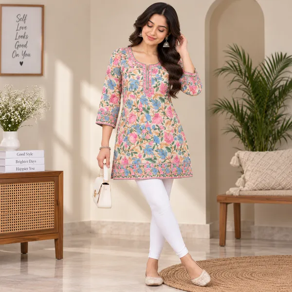 Beige_&_Pink_Georgette_Short_Kurta_For_Women