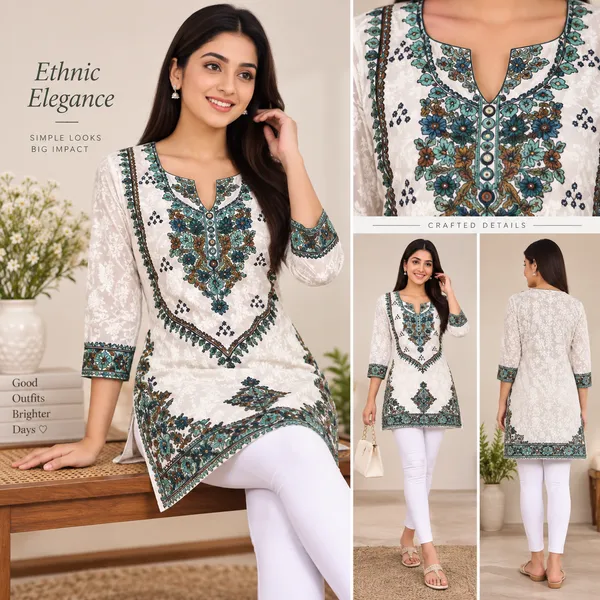 White_&_Green_Georgette_Short_Kurti_For_Women