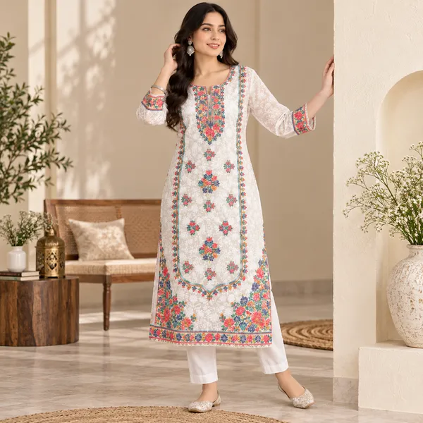 White_Georgette_Long_Kurta_For_Women
