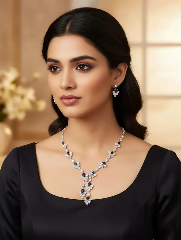 Pure_925_Silver_Blue_Flower_Necklace_Set_For_Women