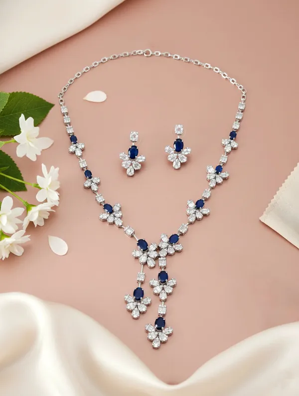 Pure_925_Silver_Blue_Flower_Necklace_Set_For_Women