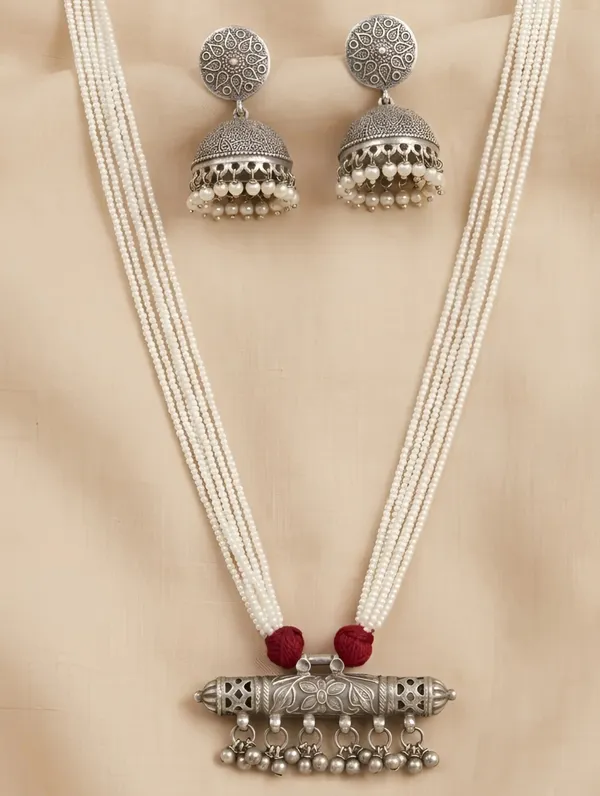 Pure_925_Silver_Dilkash_Pearl_String_Jhumka_Necklace_Set_For_Women