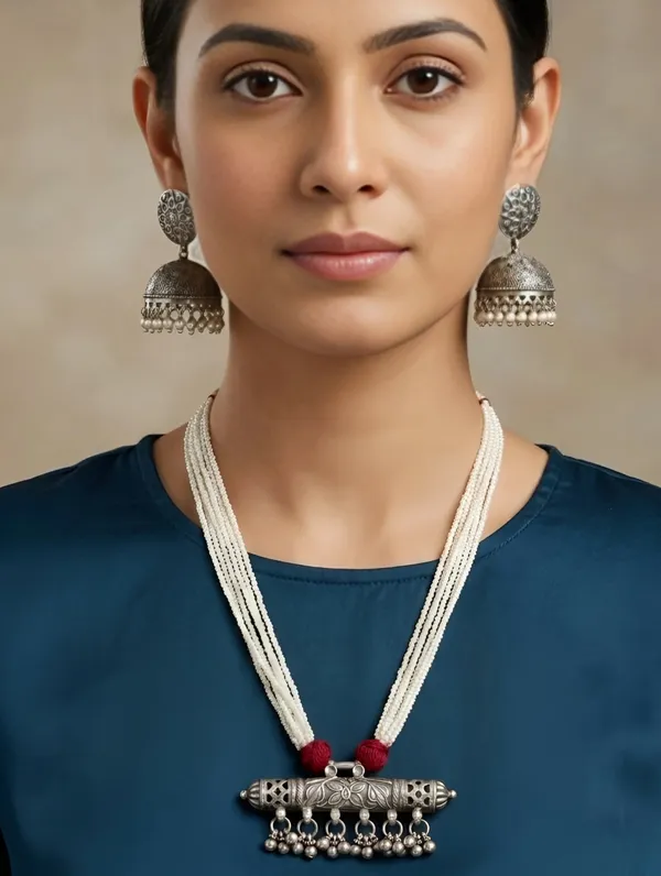 Pure_925_Silver_Dilkash_Pearl_String_Jhumka_Necklace_Set_For_Women