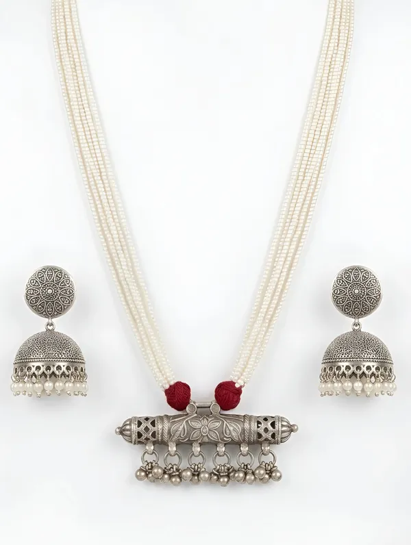 Pure_925_Silver_Dilkash_Pearl_String_Jhumka_Necklace_Set_For_Women