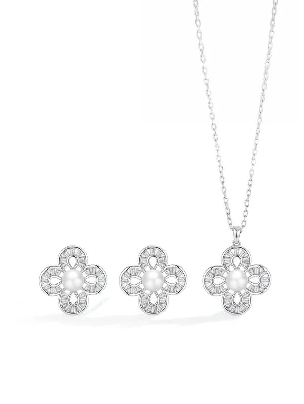 Pure_925_Silver_Pearl_Flower_Pendant_Set_For_Women