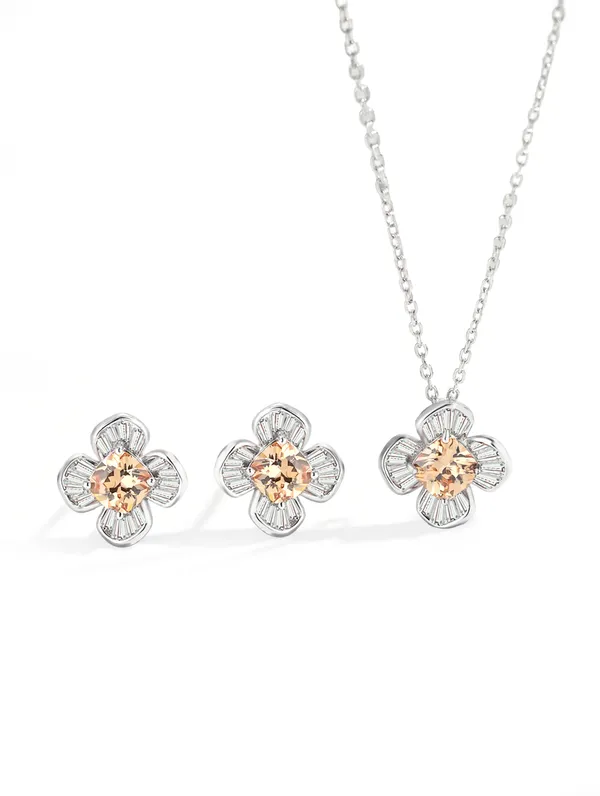 Pure_925_Silver_Gold_Flower_Pendant_Set_For_Women