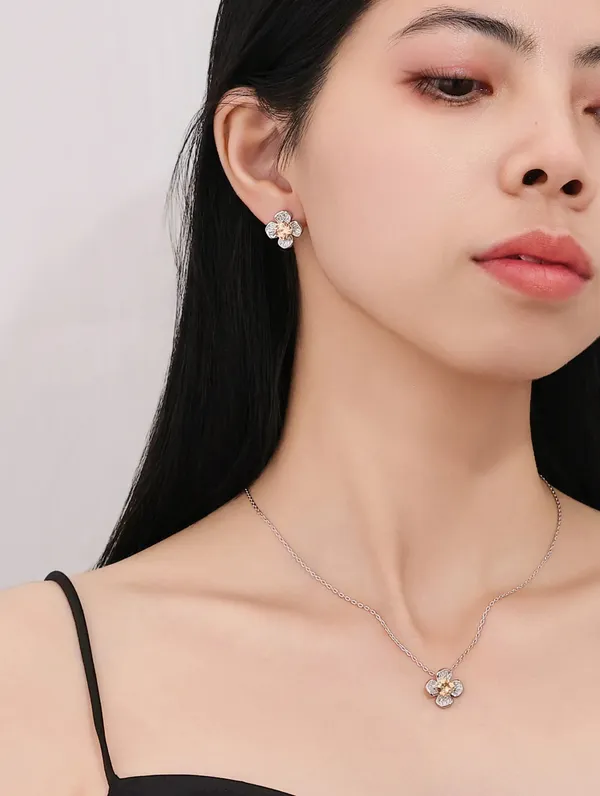Pure_925_Silver_Gold_Flower_Pendant_Set_For_Women