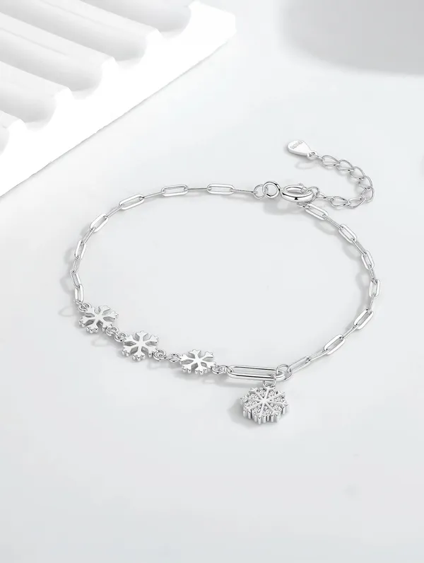 Pure_925_Silver_Frosted_Snowflake_Charm_Bracelet_For_Women
