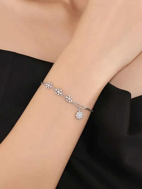 Pure_925_Silver_Frosted_Snowflake_Charm_Bracelet_For_Women