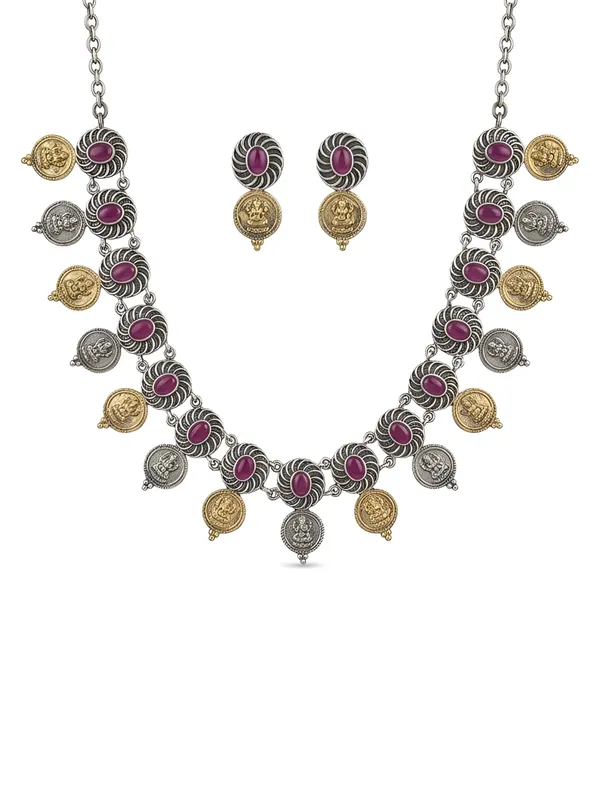 Pure_925_Silver_Temple_Coin_Swirl_Necklace_Set_For_Women