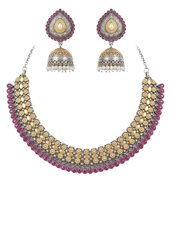 Pure_925_Silver_Magenta_Bloom_Necklace_Set_For_Women