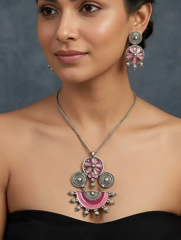 Pure_925_Silver_Pink_Enamel_Necklace_Set_For_Women