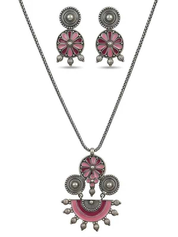 Pure_925_Silver_Pink_Enamel_Necklace_Set_For_Women