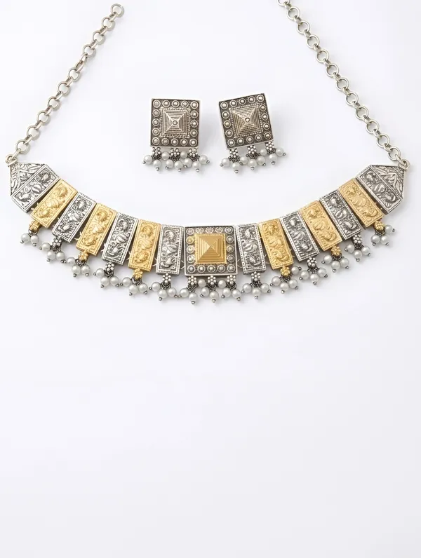 Pure_925_Silver_Dual_Tone_Choker_Necklace_Set_For_Women