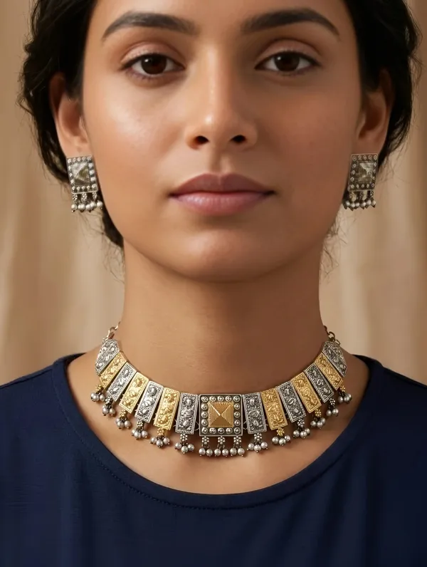 Pure_925_Silver_Dual_Tone_Choker_Necklace_Set_For_Women